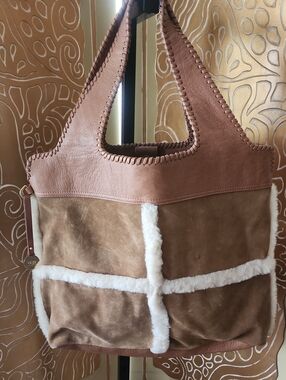 UGG Tan Suede Tote with White Shearling Trim